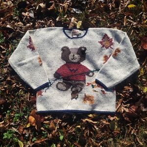 Vtg Woolrich Fall Teddy Bear Crewneck Wool Sweater Autumn Leaves